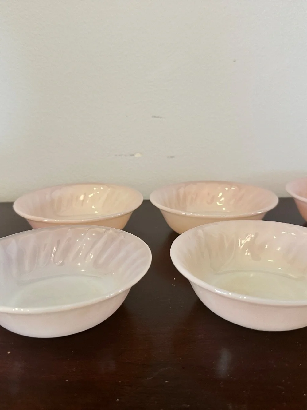 Fire King Oven Ware Lot Vintage 1950s USA 6 Dessert Berry Bowls Pink Swirl